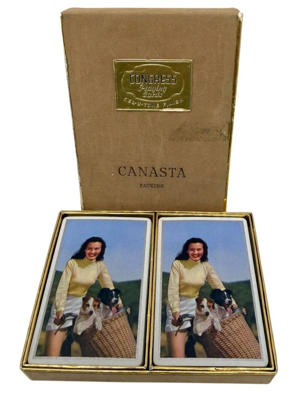 Vintage Congress Playing Cards Pin-up Girl Bike Dogs Cel-u-tone Boxed Set MCM